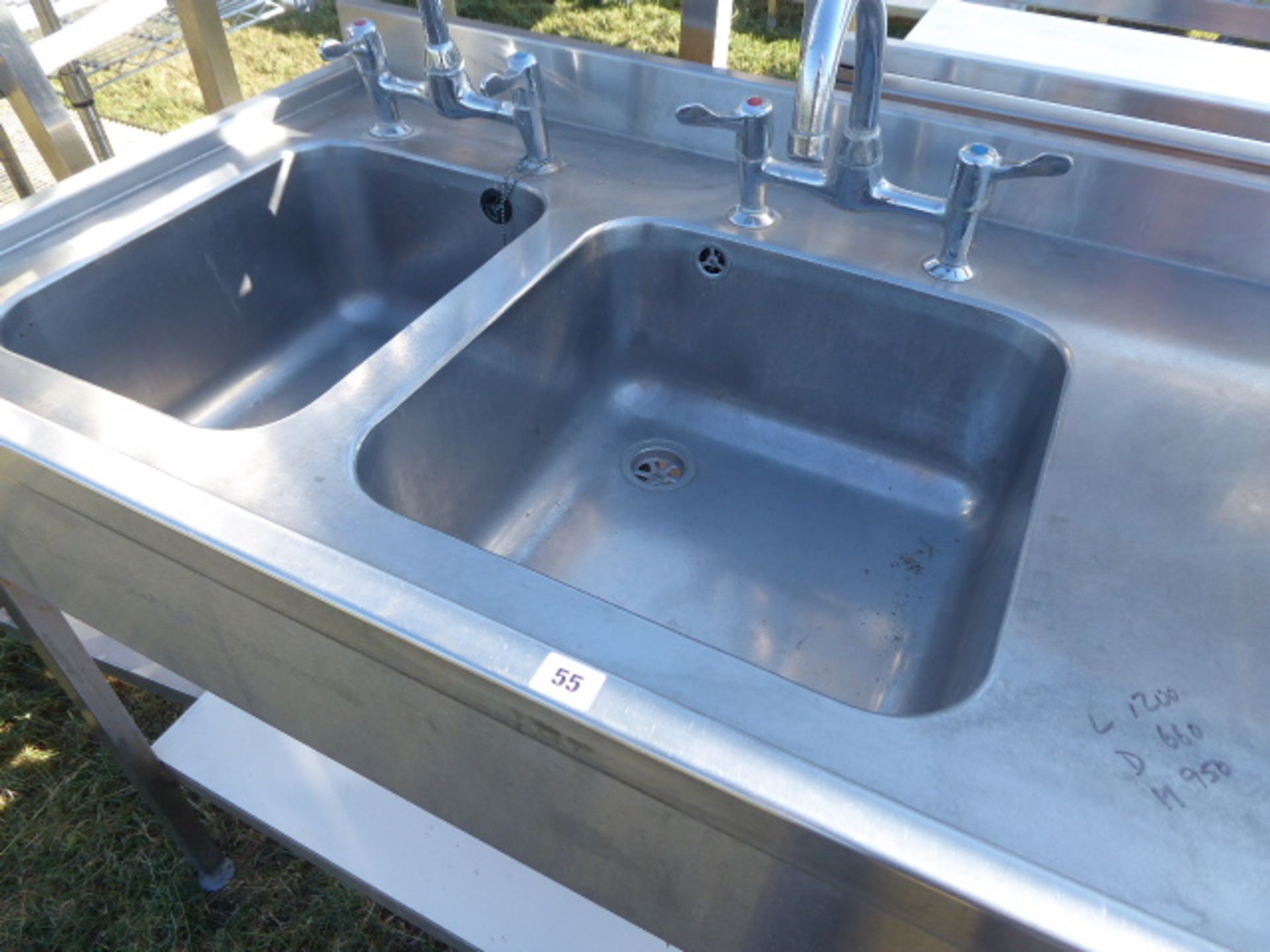 Stainless steel double bowl sink unit with taps, draining board and shelf under, 1200mm wide, - Image 2 of 2