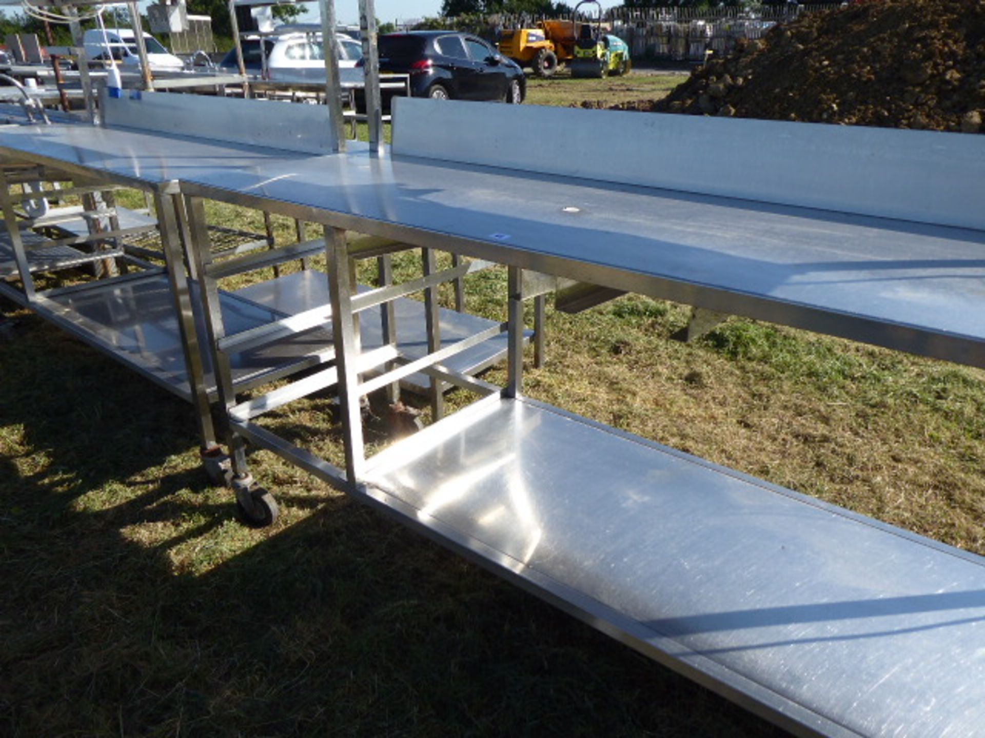 Stainless steel mobile food preparation station with 2 shelves over, shelf under space for trays, - Image 3 of 3