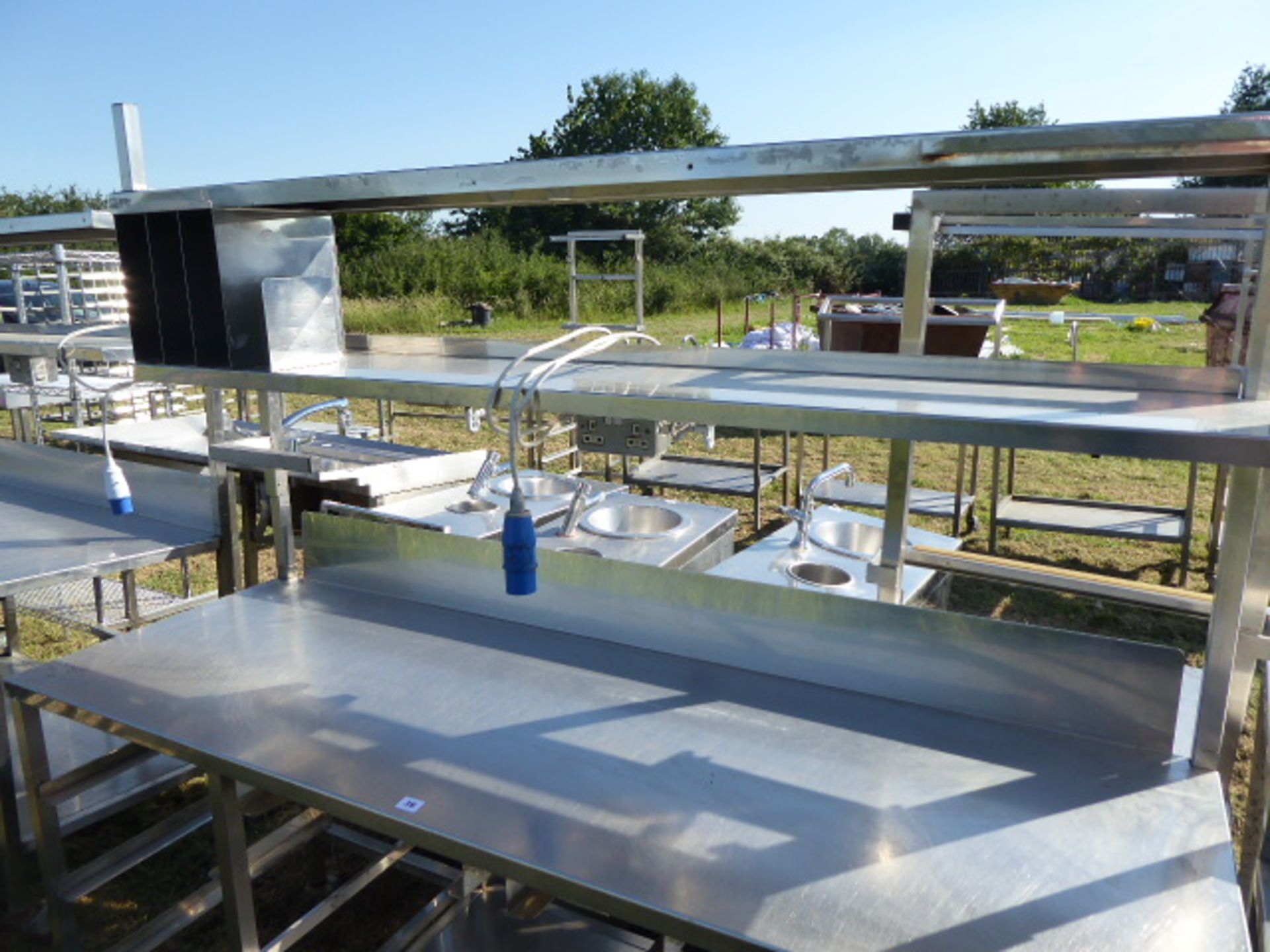 Stainless steel mobile food preparation station with 2 shelves over, shelf under space for trays, - Image 3 of 3