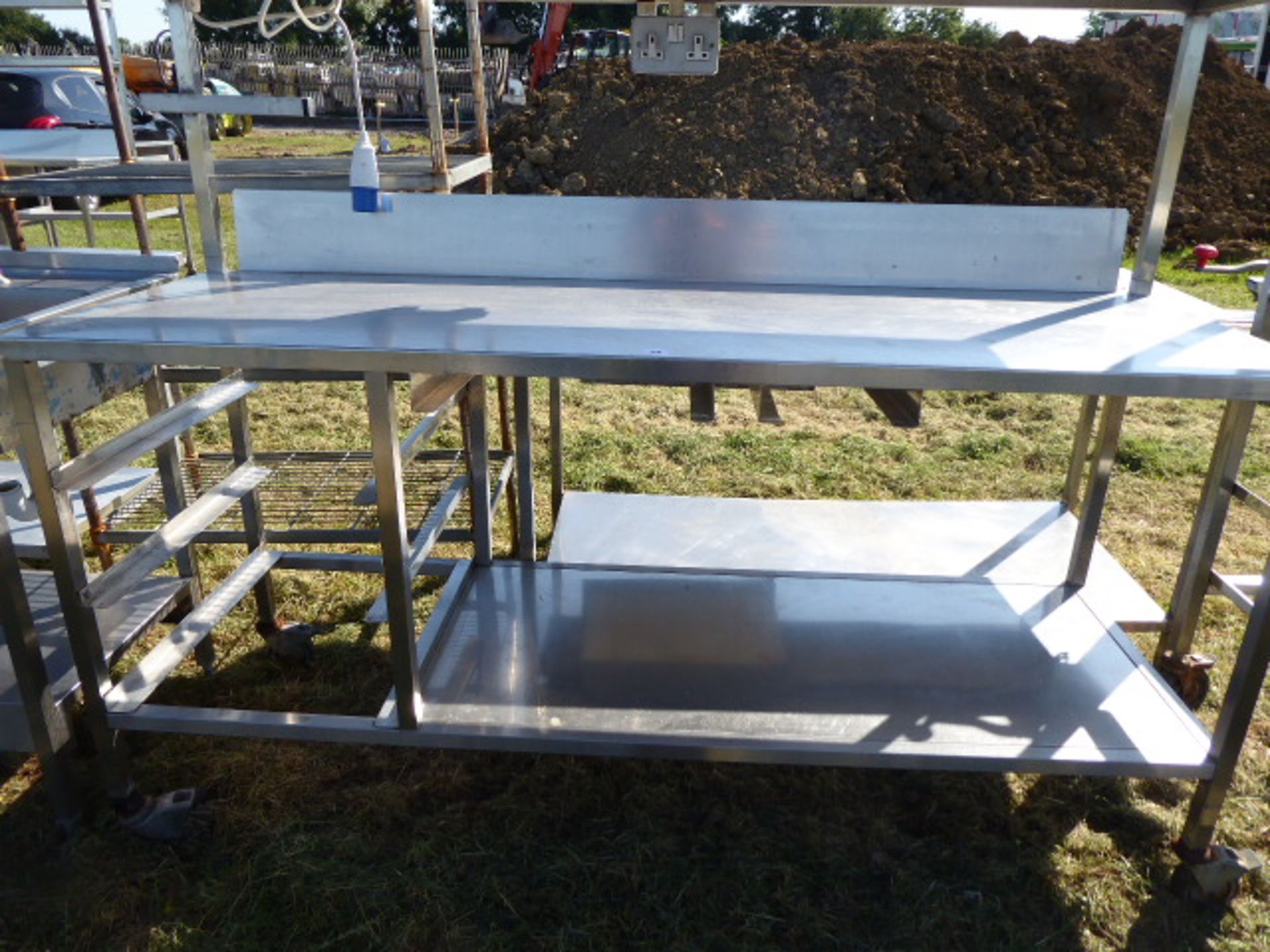 Stainless steel mobile food preparation station with 2 shelves over, shelf under space for trays, - Image 3 of 3