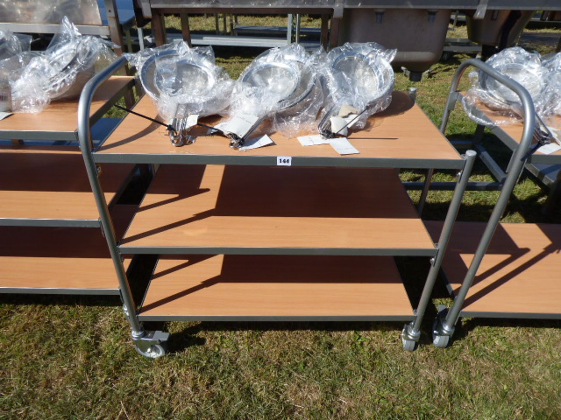 3 tier mobile catering trolly with metal tubular frame and wooden shelves, 850mm wide