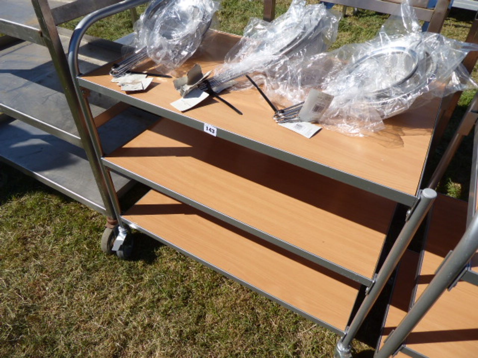 3 tier mobile catering trolly with metal tubular frame and wooden shelves, 850mm wide - Image 2 of 2