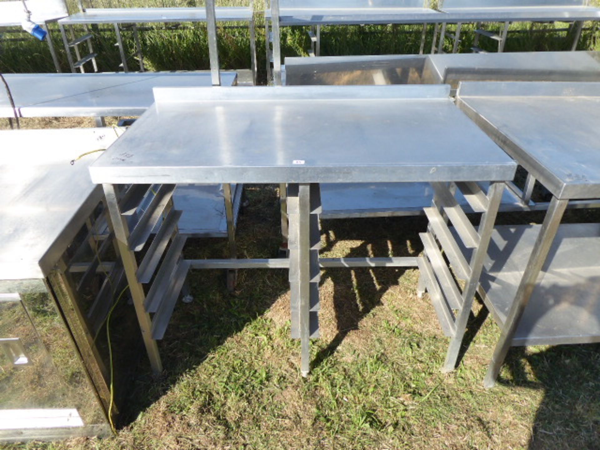 Stainless steel preparation table with 2 sided washing up tray storage under, 1160mm wide, 650mm