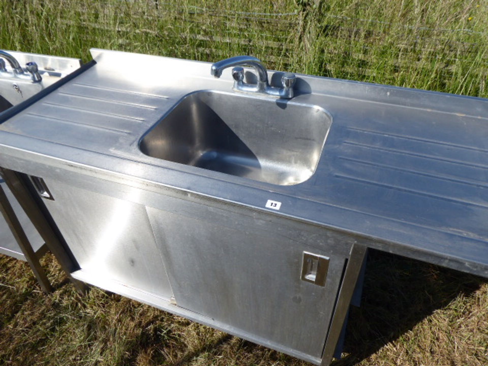 Stainless steel unit with a large single bowl sink and tap set, draining board, food preparation - Image 2 of 3