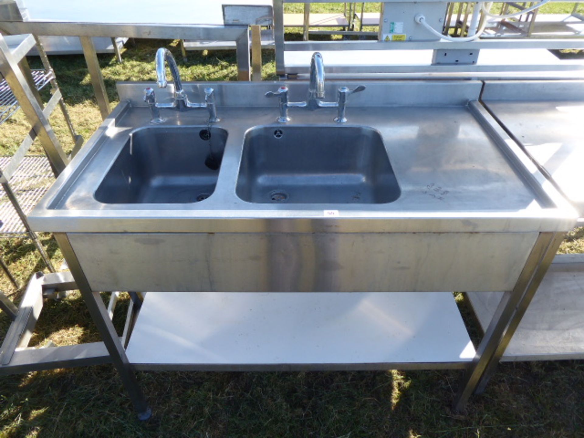 Stainless steel double bowl sink unit with taps, draining board and shelf under, 1200mm wide,