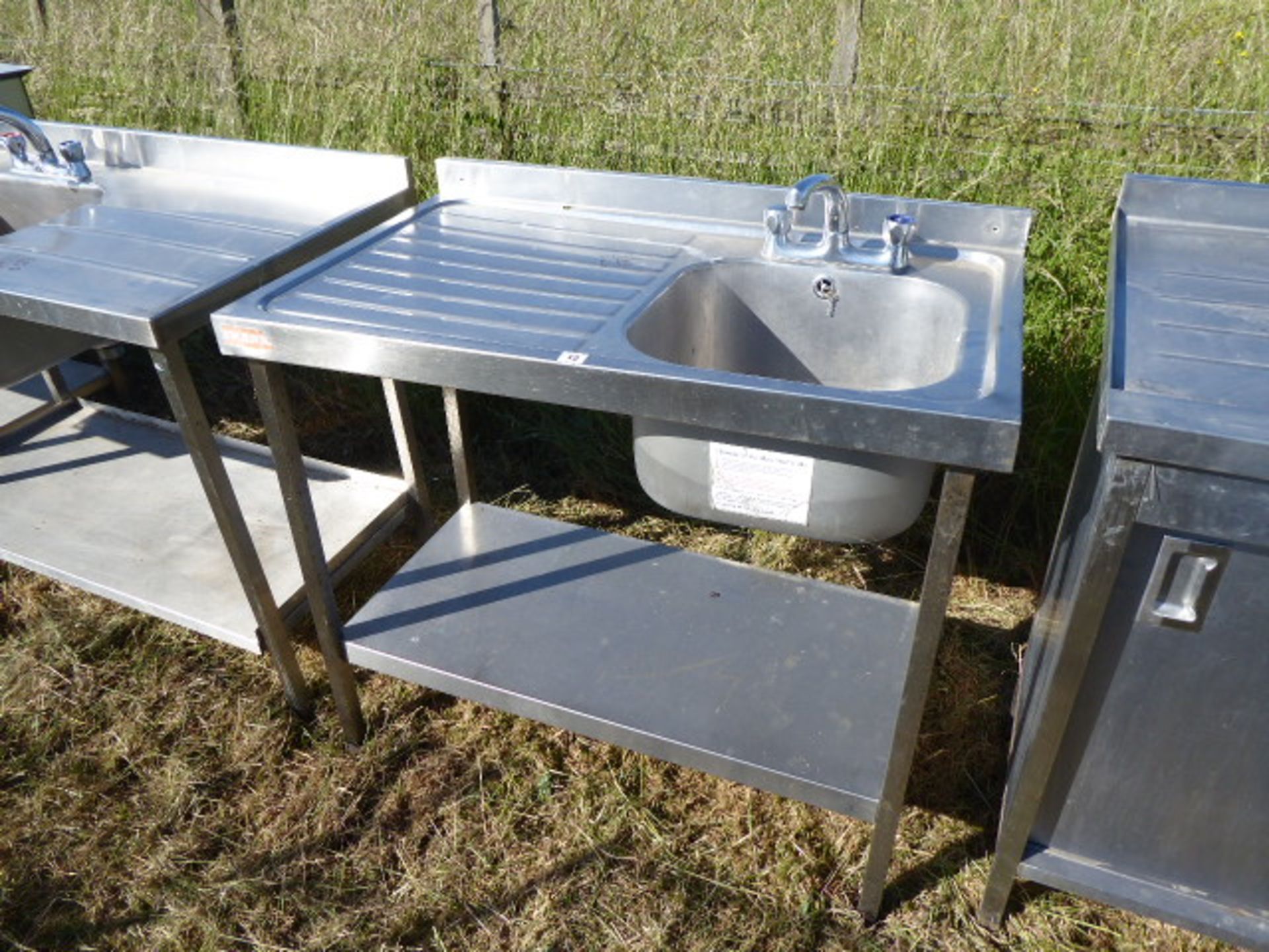 Stainless steel single bowl sink with tap set, draining board and shelf under, 1000mm wide, 650mm