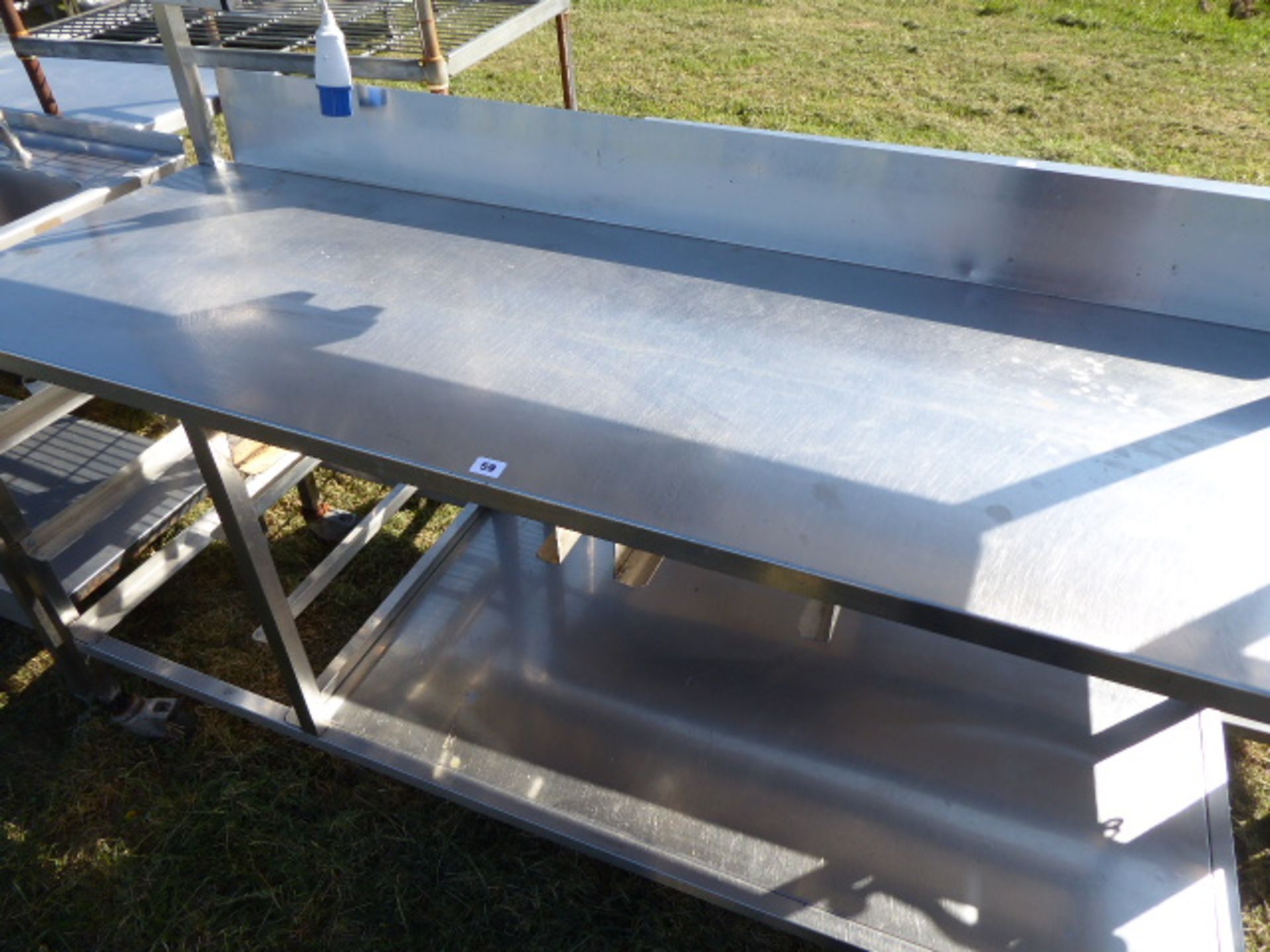 Stainless steel mobile food preparation station with 2 shelves over, shelf under space for trays, - Image 2 of 3