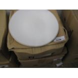 2 boxes containing round white dinner plates