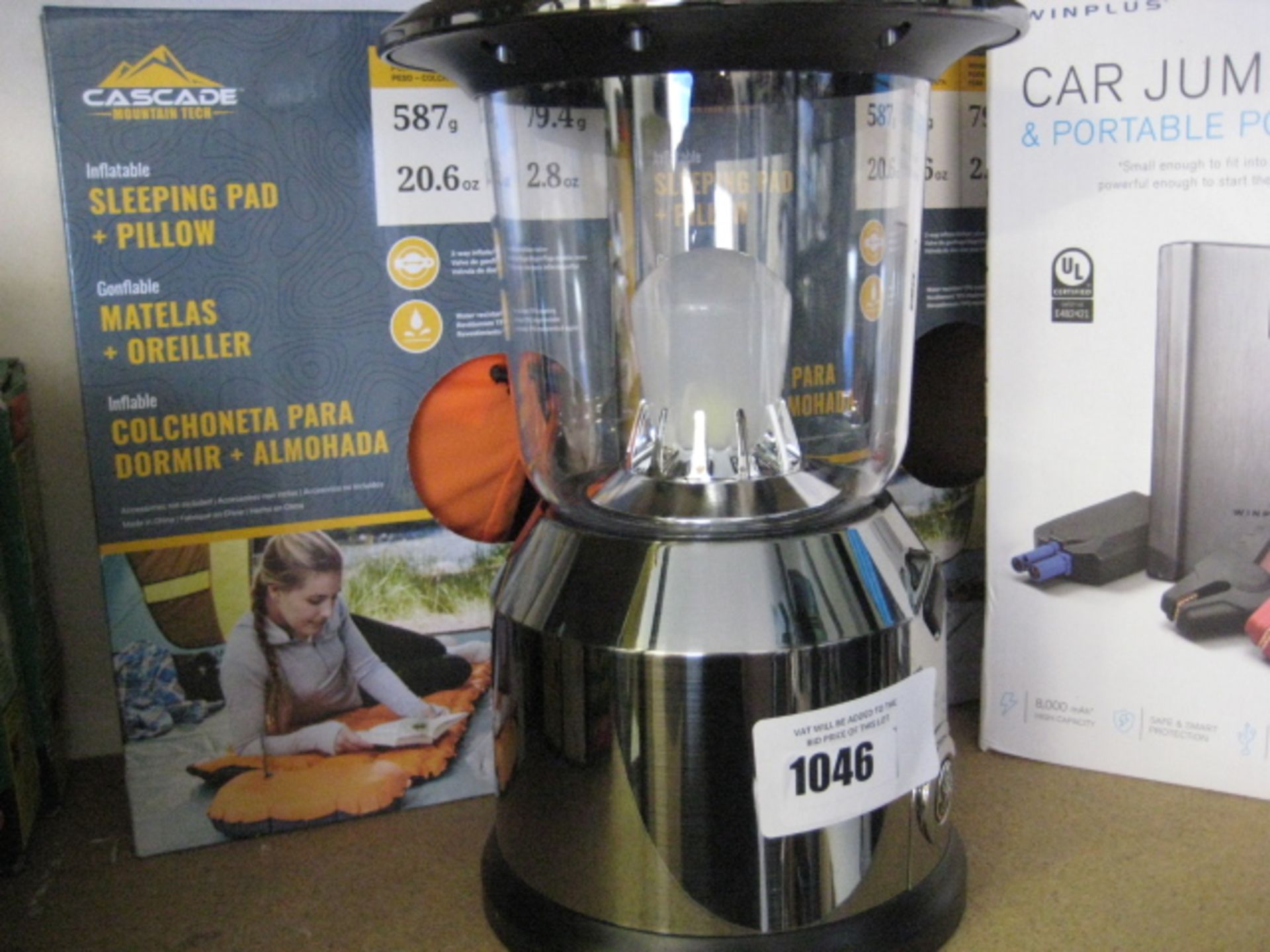 Battery operated camping LED lantern with 2 Cascade Mountain Tech inflatable bed and pillow