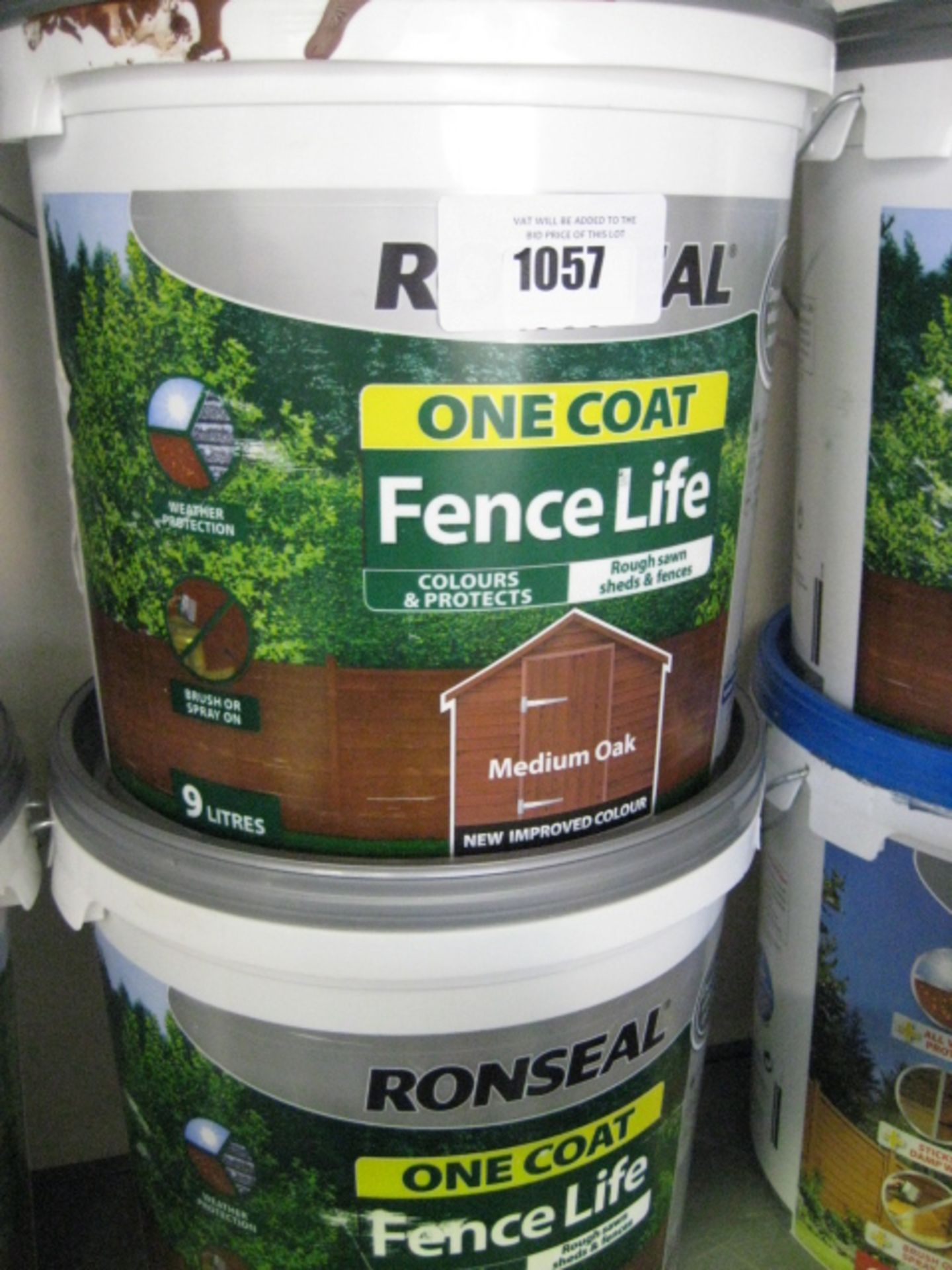 2 tubs of Ronseal One Coat fence life garden paint in medium oak