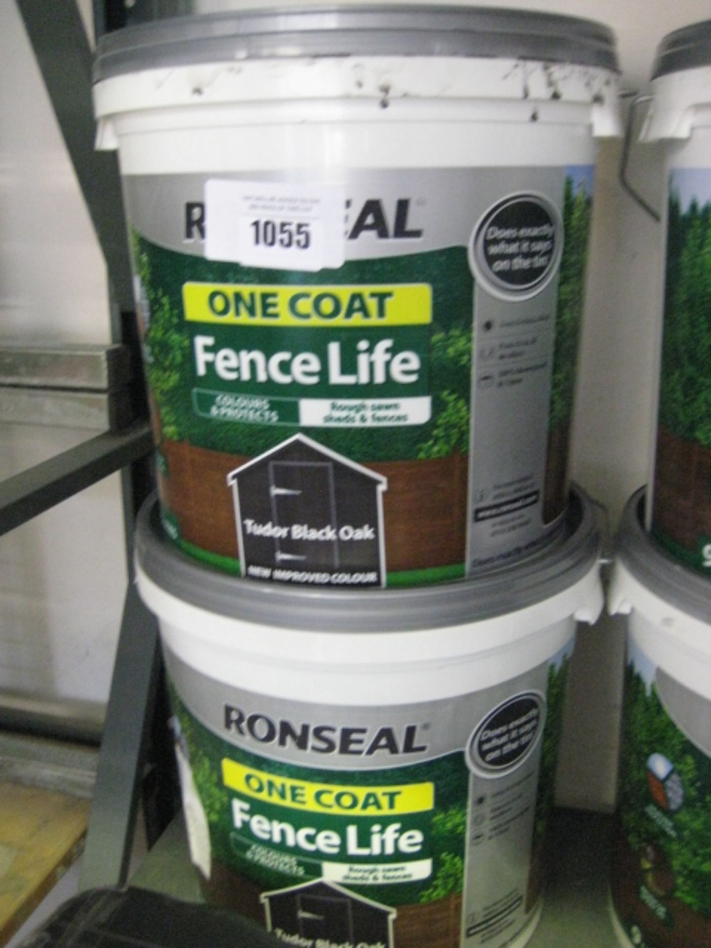 2 tubs of Ronseal One Coat fence life garden paint in Tudor black oak