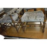 Dark oak refectory style table with 6 green floral upholstered dining chairs (2+4)