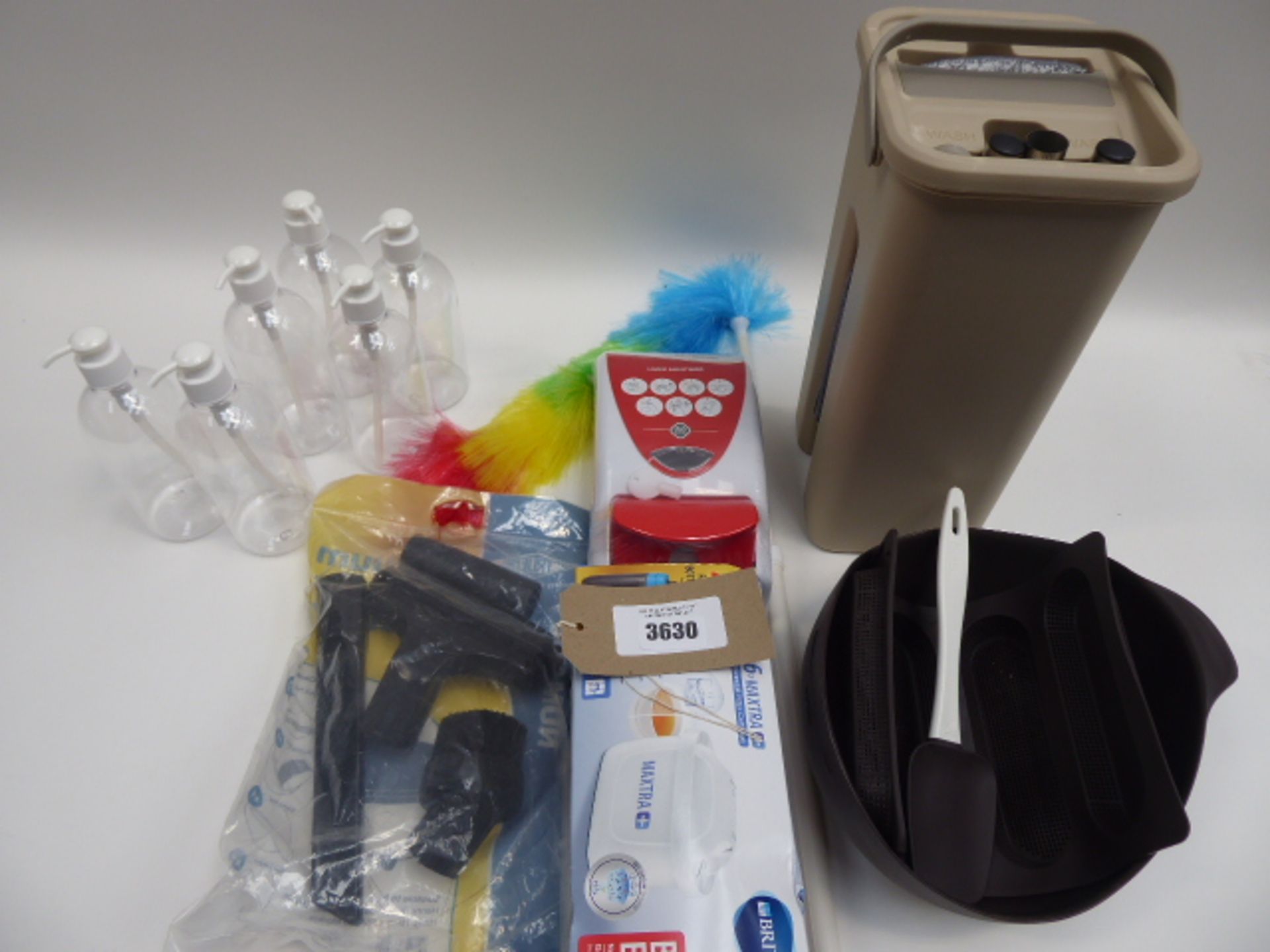 Bag containing quantity of soap dispensers, wall mounted hand santiser dispenser, mop bucket,