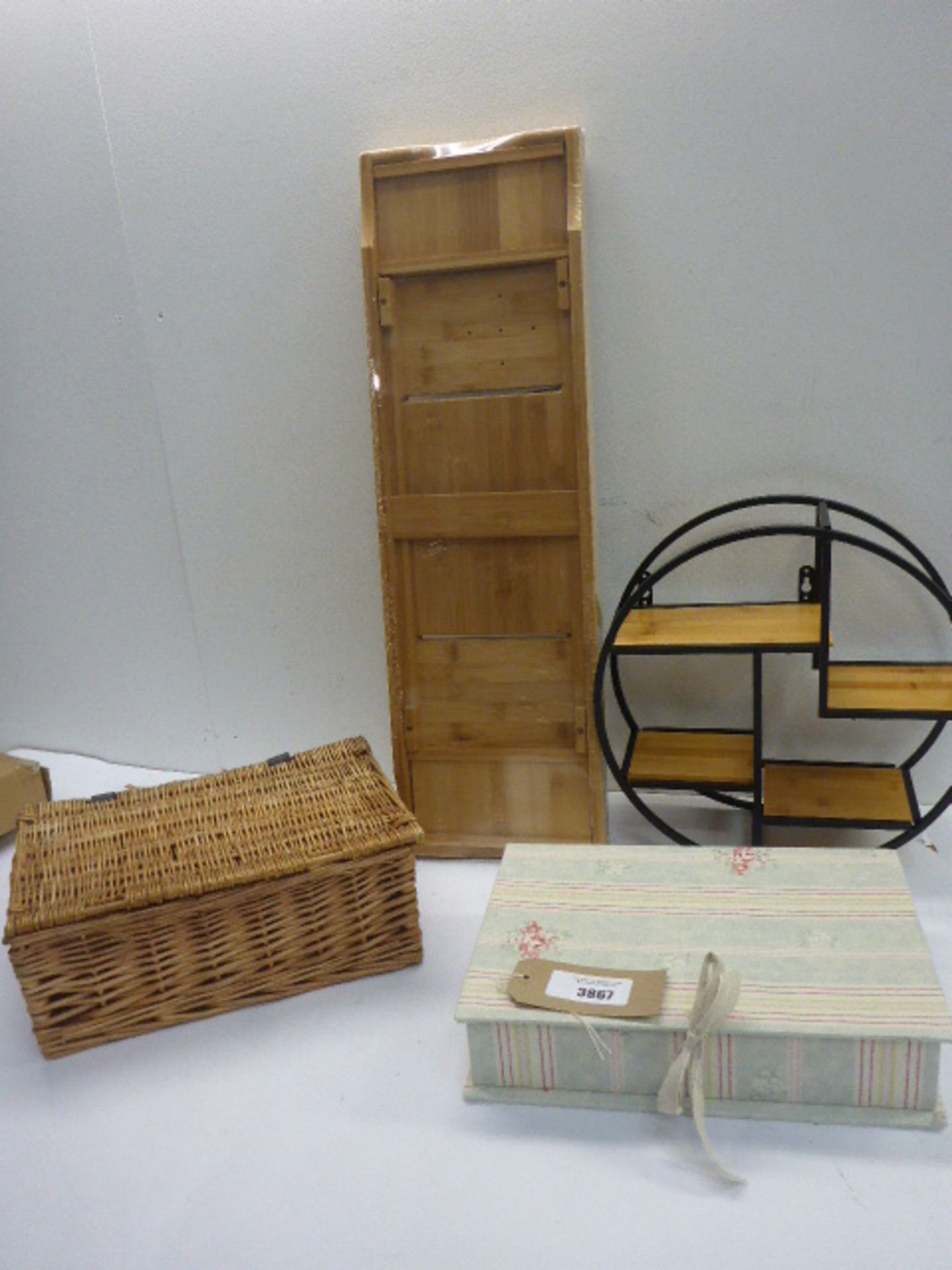 Bamboo bath caddy, metal and wood display shelf, wicker basket and filing box