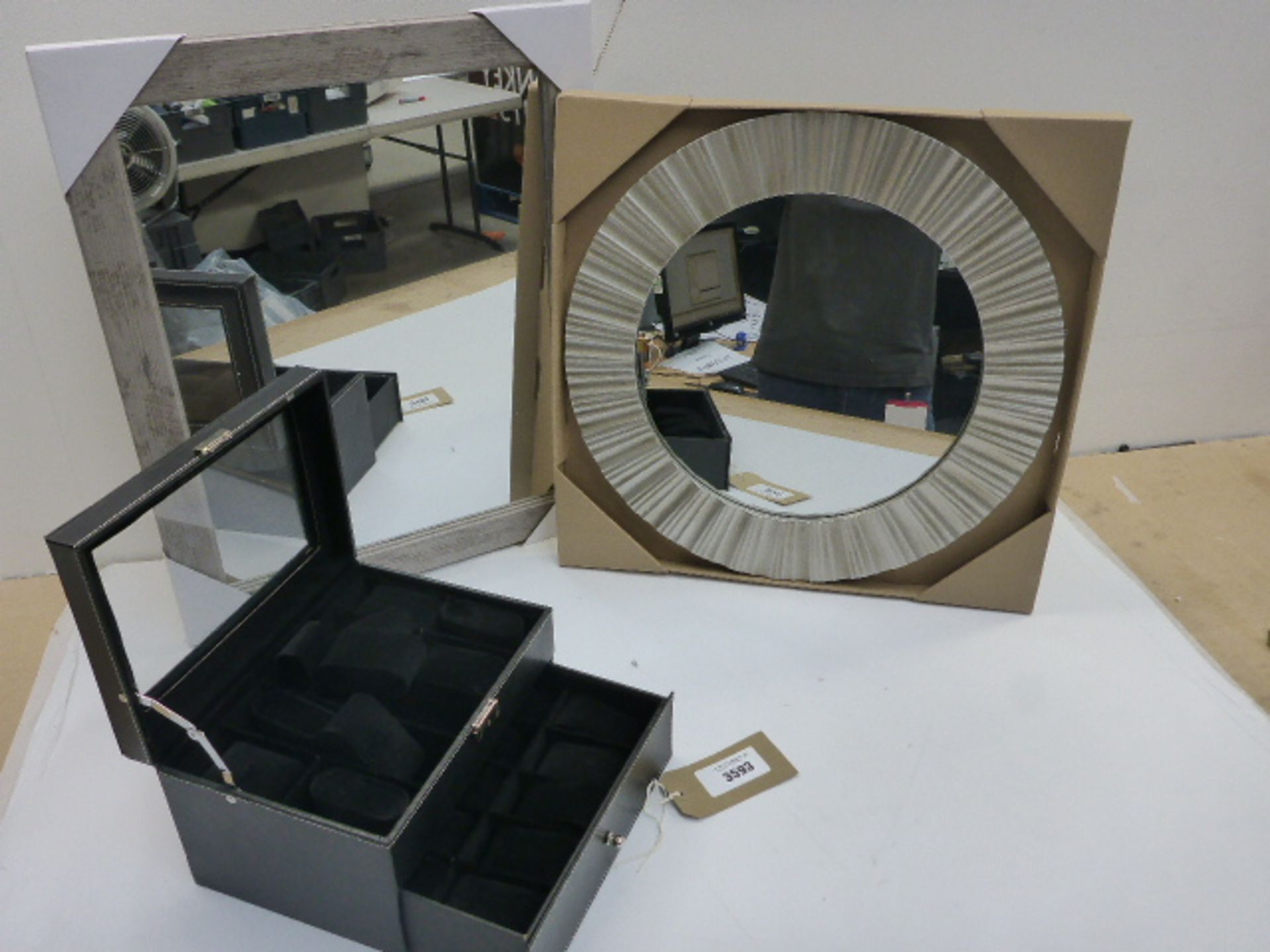 Rectangular and round framed mirrors and watch / jewellery case