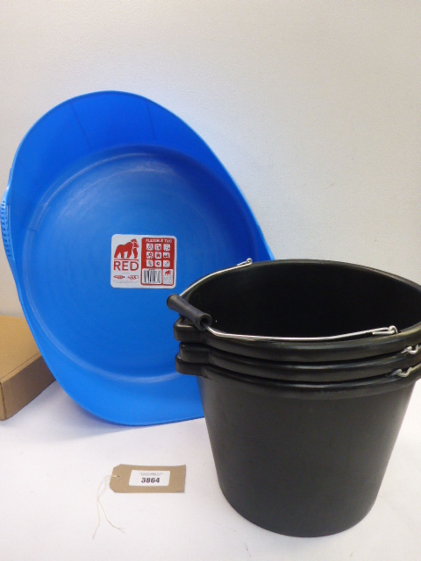 3 rubber buckets and Gorilla flexible plastic tub