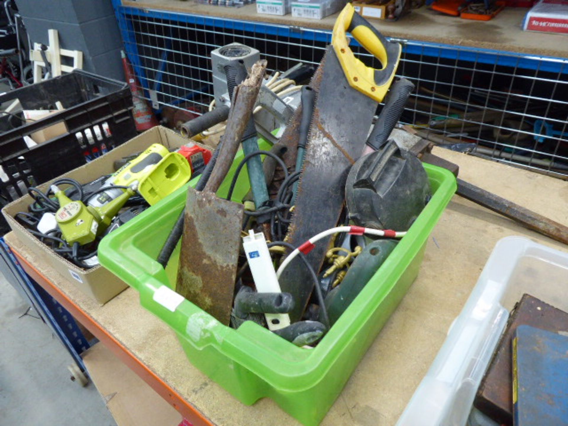 Box of assorted tools inc. saws, jigsaw, brush, cutters etc