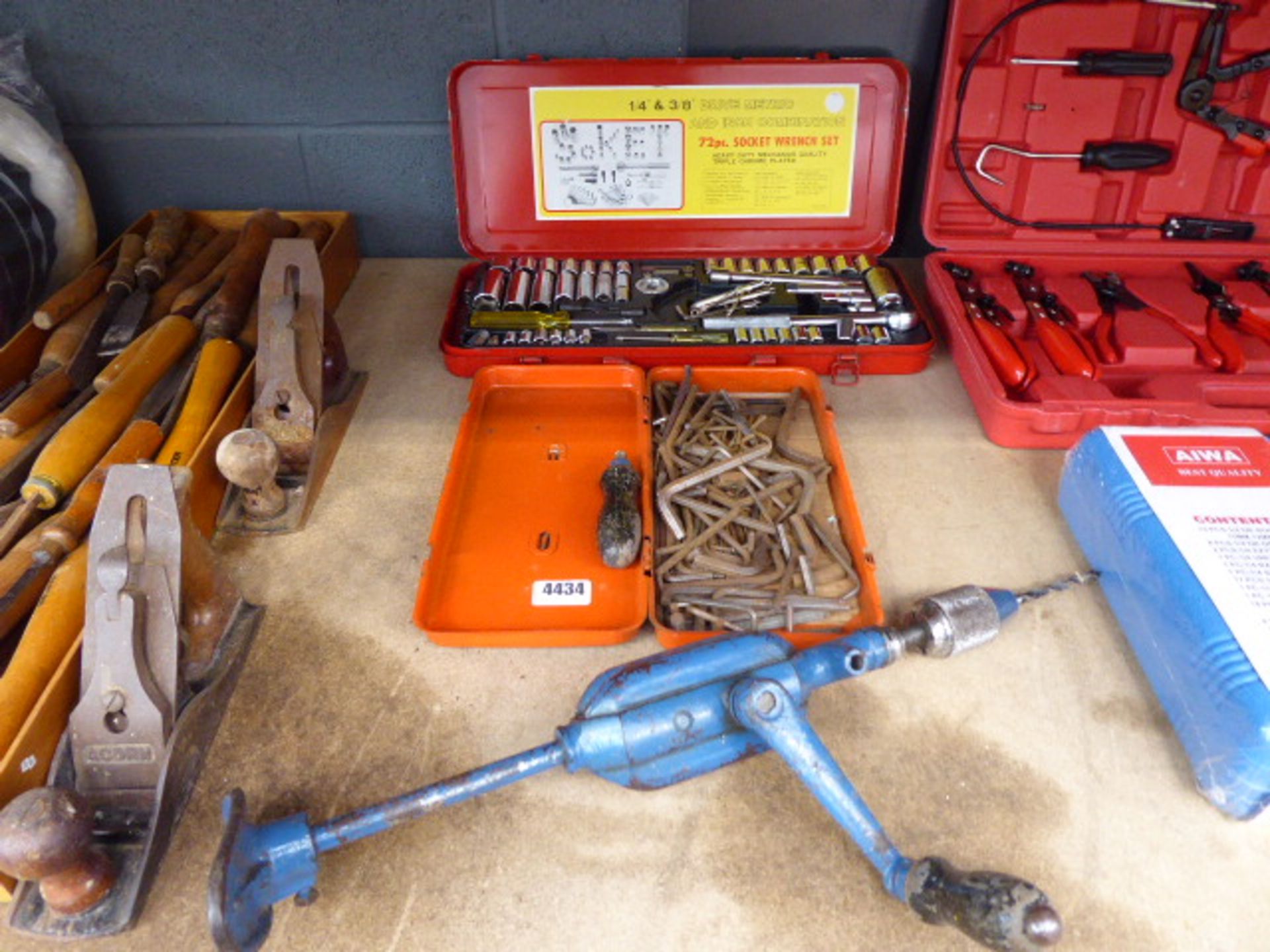 Hand drill, small socket set and box ofallen keys