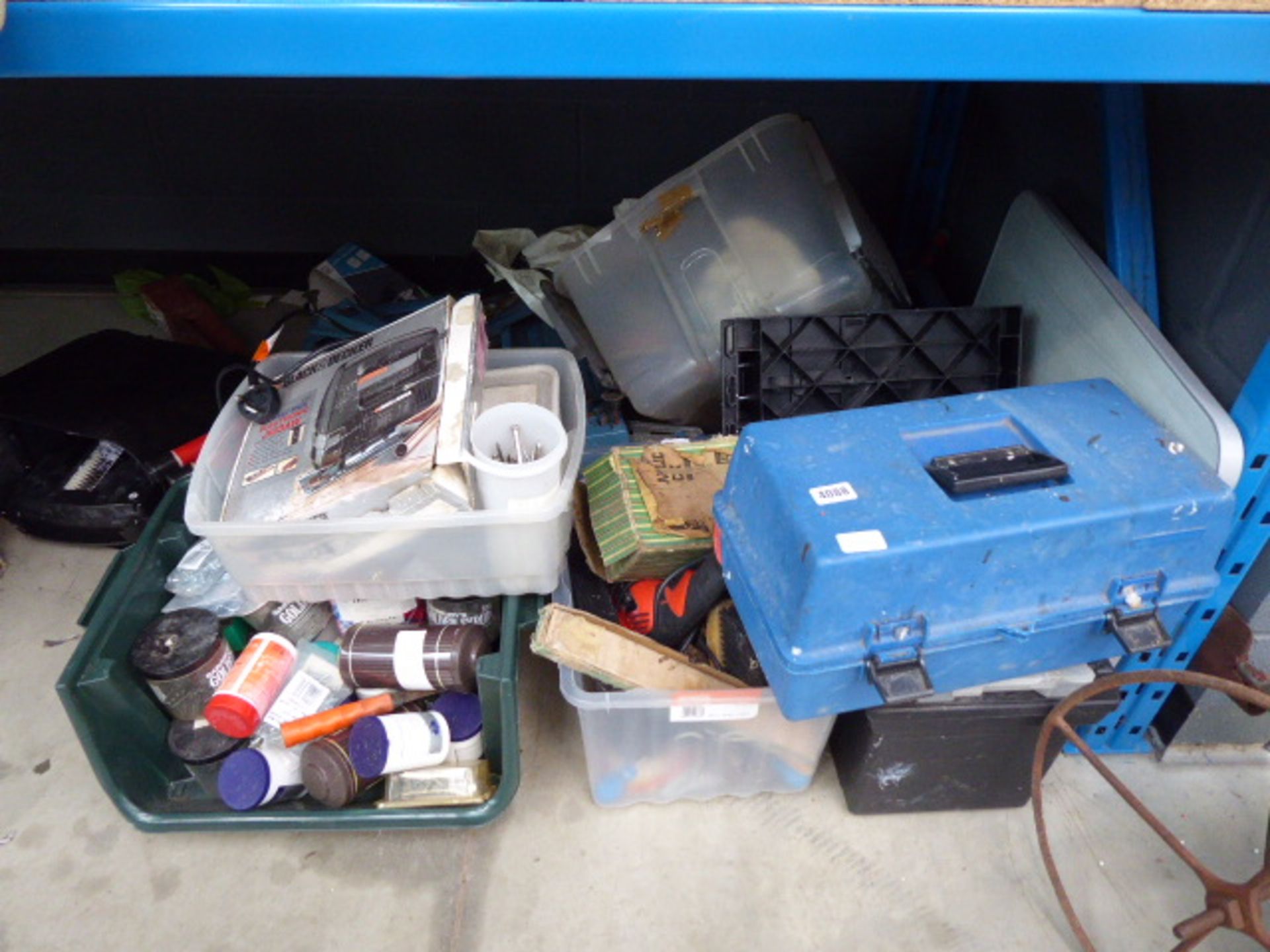 1/2 under bay of assorted items inc. work bench, screws, fixings, jigsaw, tools, drills etc