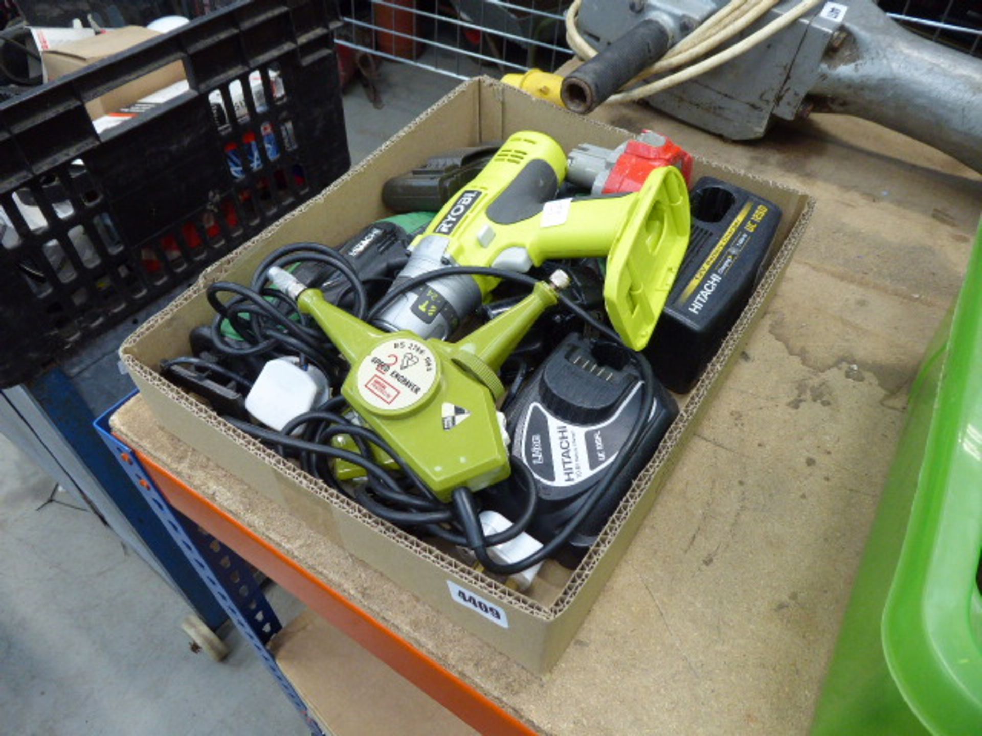 Small box of assorted hand tools and chargers