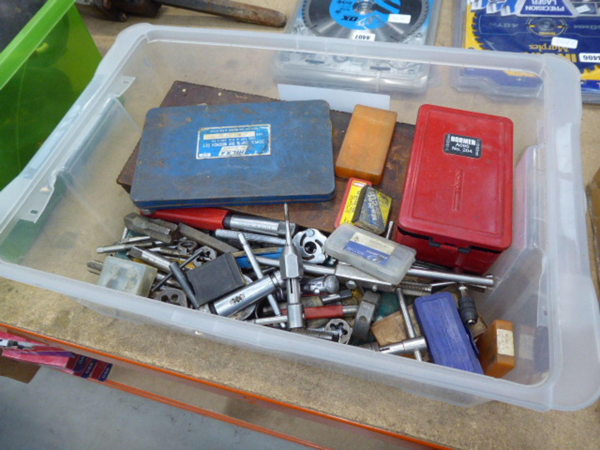 Box containing taps, dies, drill bits etc