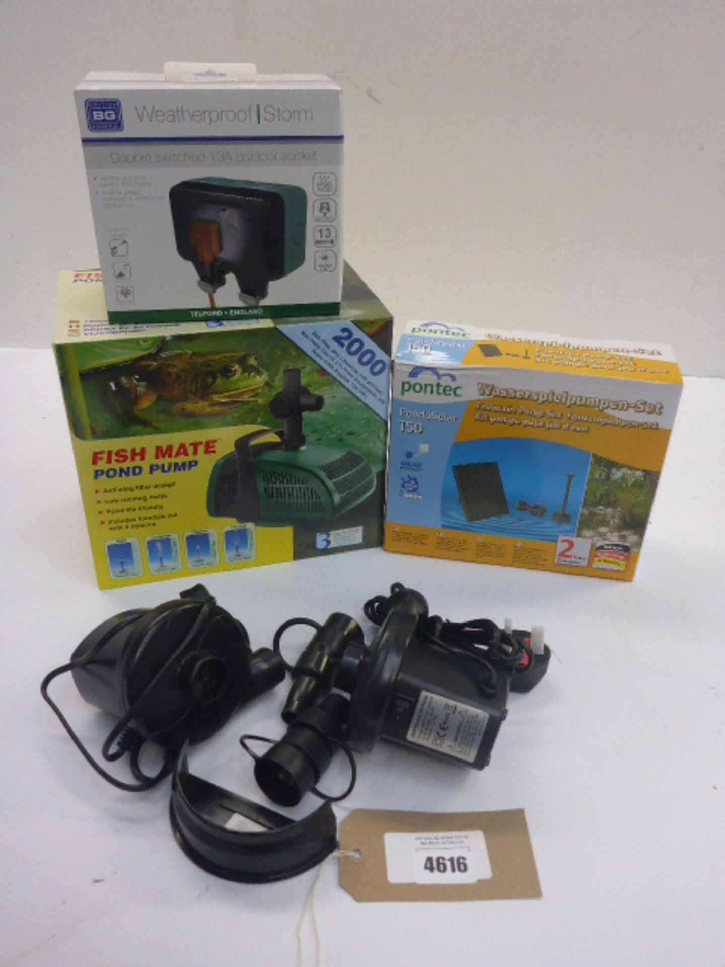 Fish Mate pond pump, Solar Pond fountain, outdoor double socket and 2 air pumps