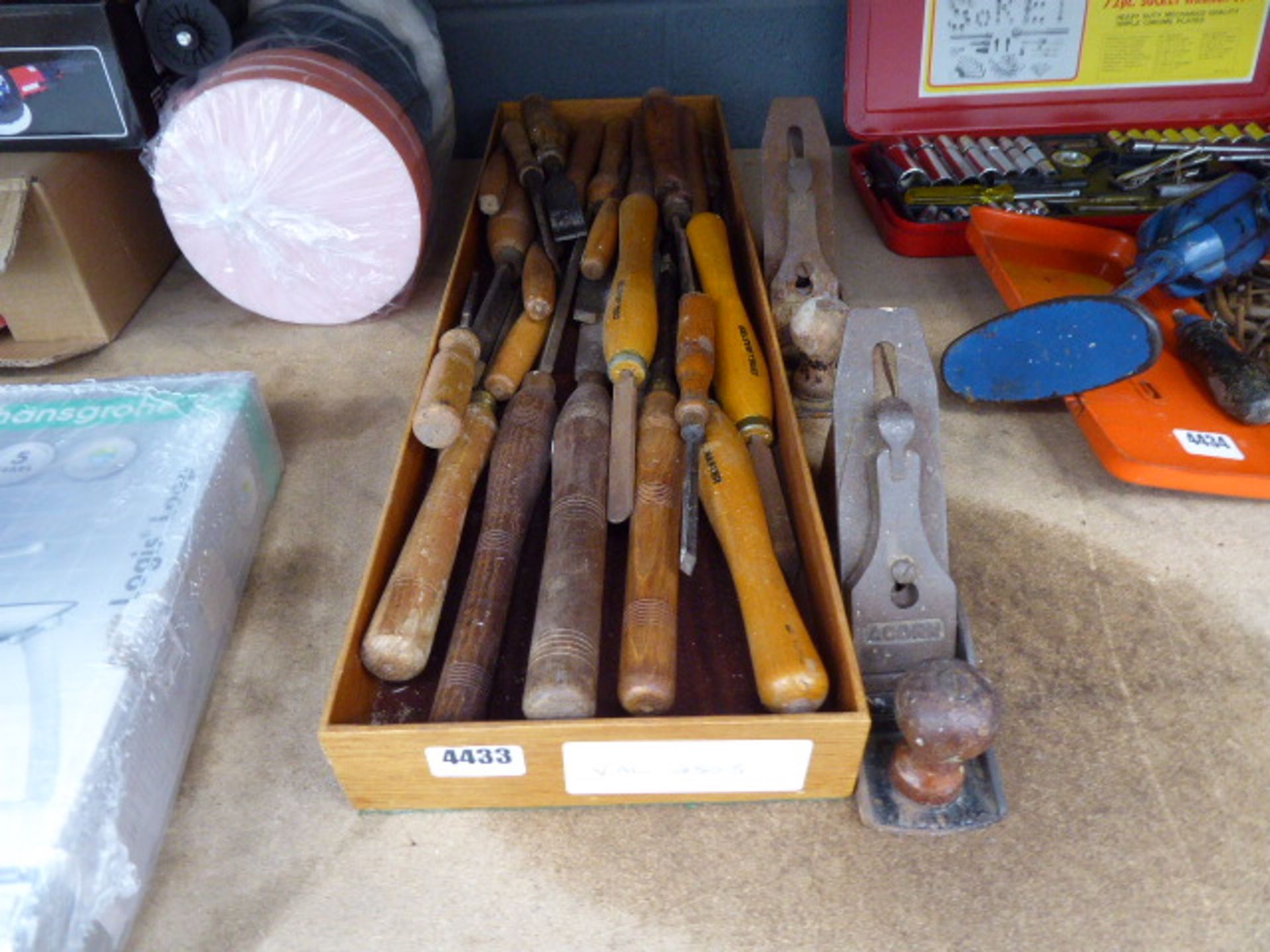 Box of wood turning chisels and 2 planes