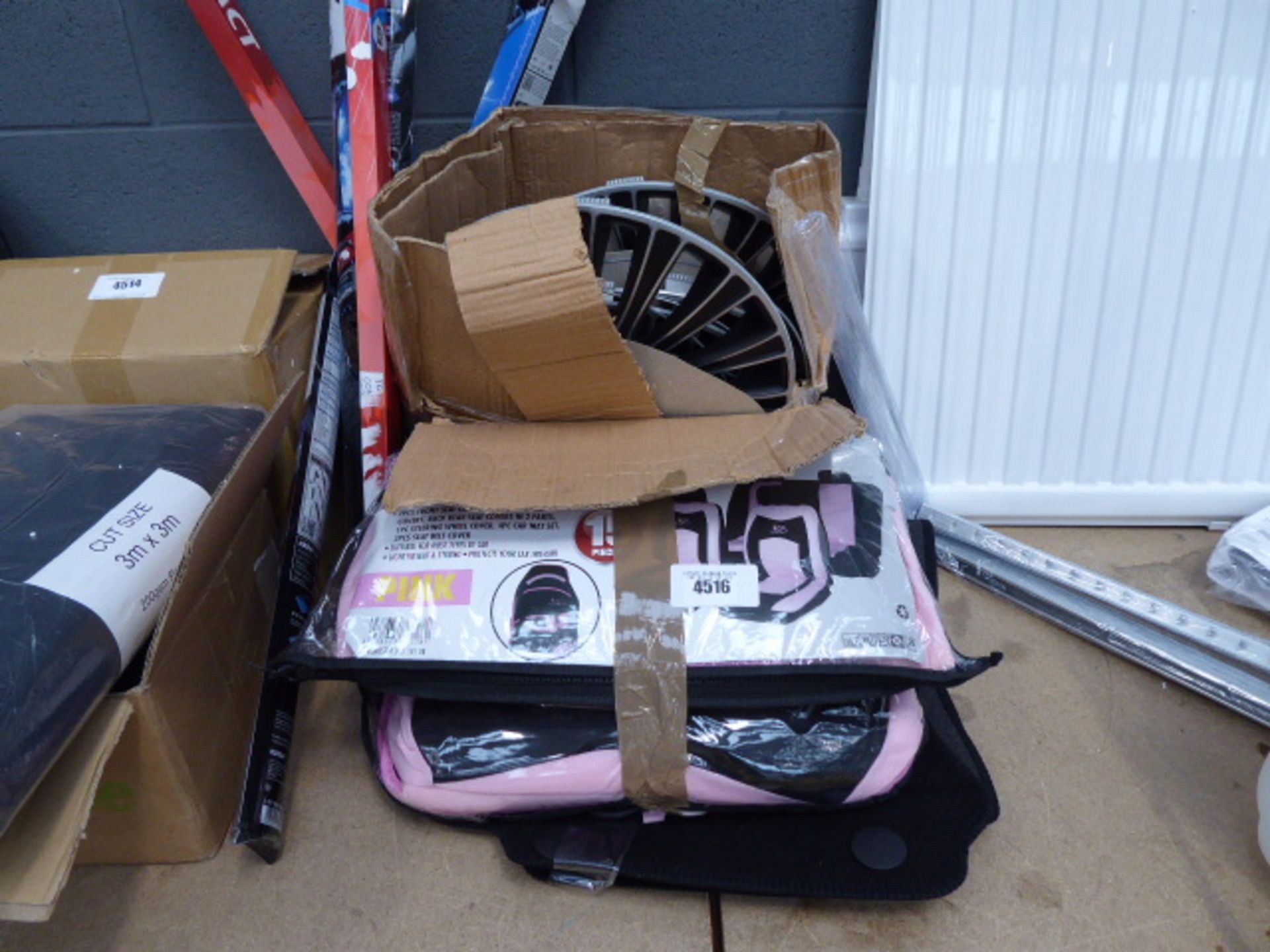 Pink car seats, car mats, set of wheel trims and some wiper blades