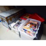 4 boxes containing movie and video magazines plus CDs and vinyl records