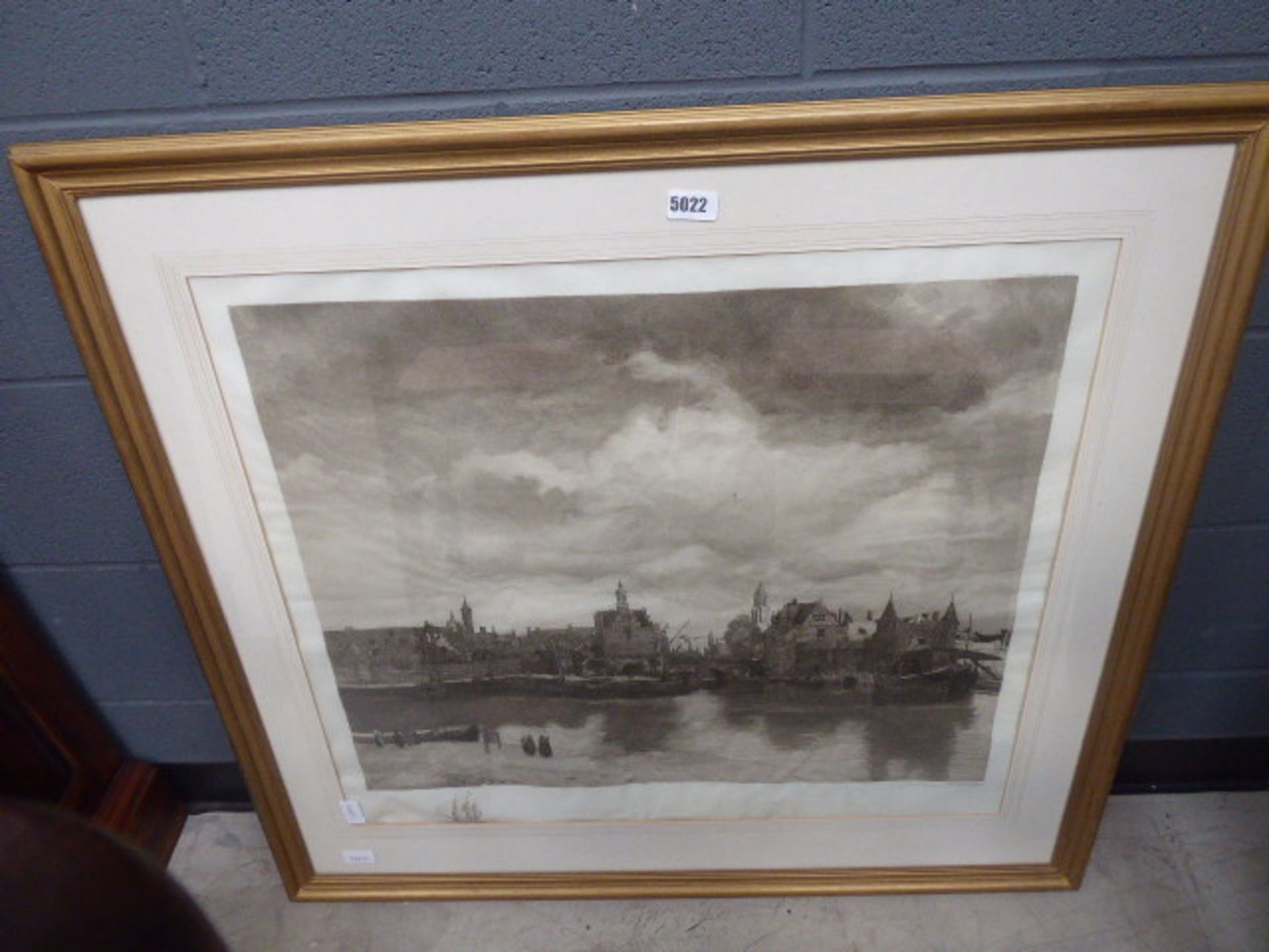 Framed and glazed etching of a Dutch canal scene