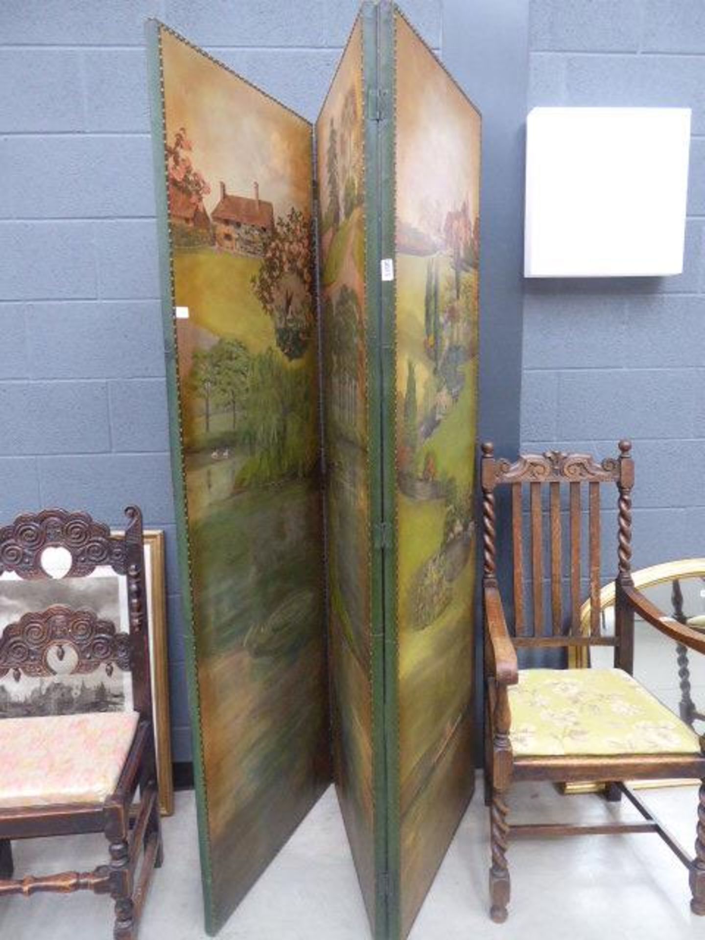 2 fold room divider with painted panels depicting country gardens