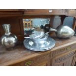 Silver painted metal vases, trays and a salad bowl with servers