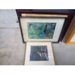 2 watercolours - waterfall and abstract in green and blue plus picture of St Michaels Mount