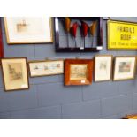 Seven engravings and watercolours depicting a shipwreck, fishing boats, coastal scenes, country