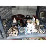 Cage containing loose cutlery, ornamental figures, silver plate and china