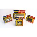 Four Dinky models: 120 Happy Cab, 180 Rover 3500, 192 Range Rover and 940 Mercedes Benz truck,