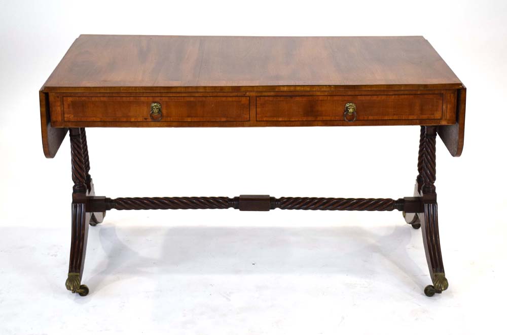 A Regency mahogany and tulipwood crossbanded sofa table inlaid with boxwood and ebonised lines, - Image 3 of 6