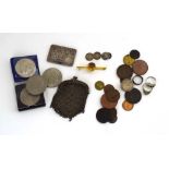A small group of collectables including a silver stamp holder, silver and copper coinage,