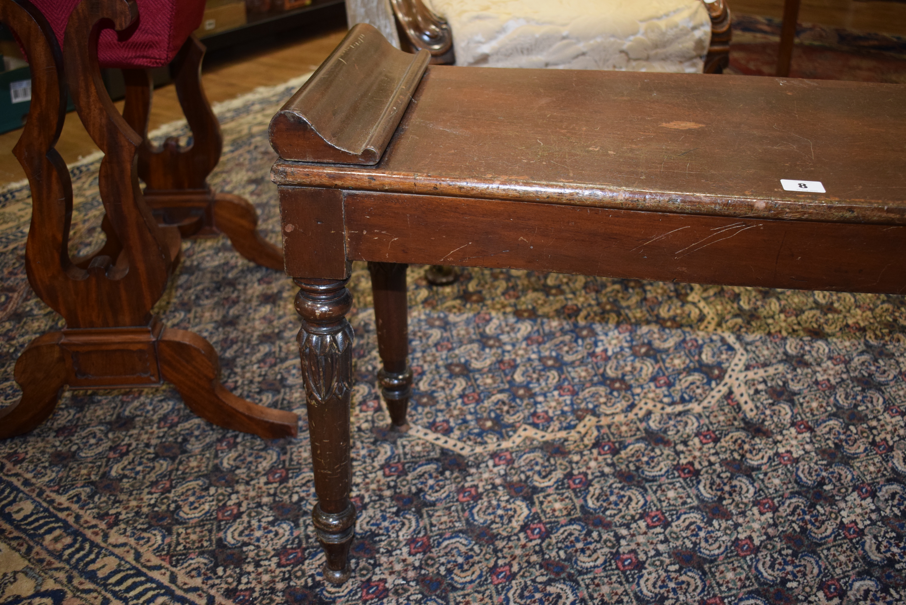 A late 19th century mahogany window seat with scrolled ends and turned legs with acanthus-leaf caps - Image 12 of 20
