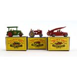 Three Matchbox models: 1 road roller, 4 Massey Harris tractor and 9 Dennis fire escape,