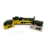 Three Dinky military models: 621 1-ton Army wagon, 622 10-ton Army truck and 660 tank transporter,