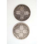 Two Victorian Gothic-type silver one florin coins