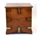 A 19th century mahogany, elm and brass bound campaign-type trunk of square form,
