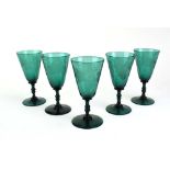 A set of five etched Bristol green glass drinking glasses of Renaissance design, h.