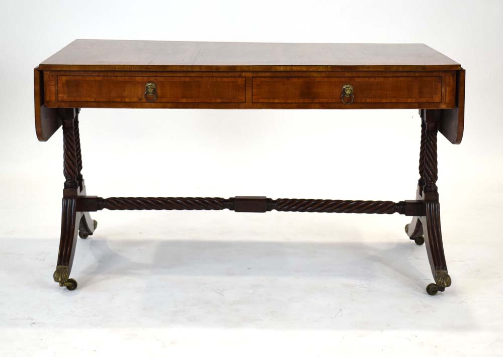 A Regency mahogany and tulipwood crossbanded sofa table inlaid with boxwood and ebonised lines, - Image 2 of 6