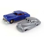 A friction driven blue plastic Chrysler Police car and a silver plastic Buick (2)