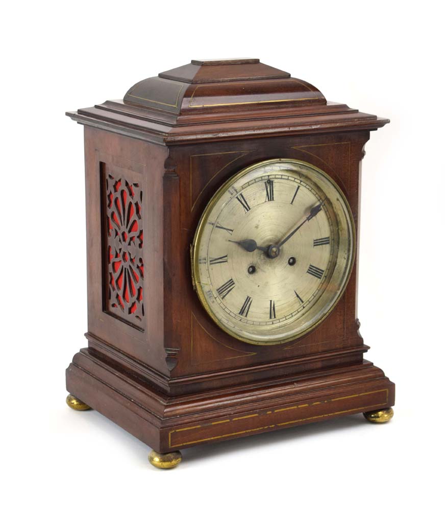 A Regency-type bracket clock, the silvered dial with Roman numerals,