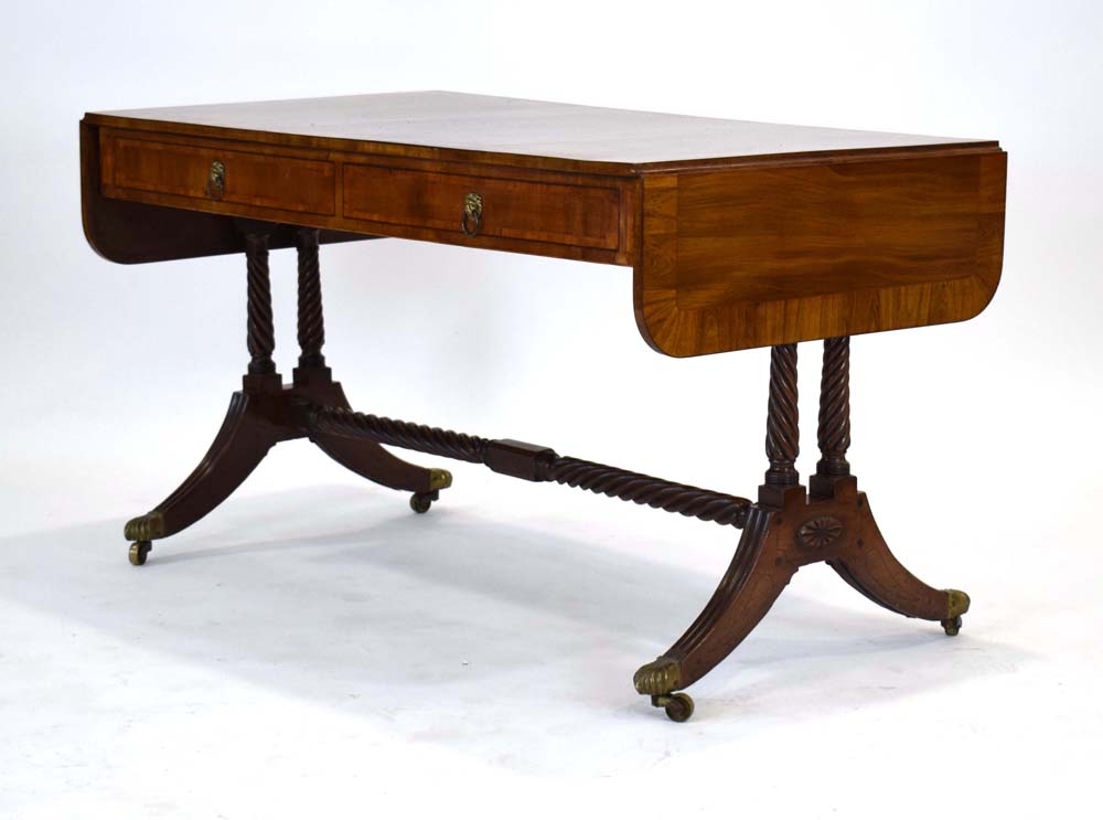 A Regency mahogany and tulipwood crossbanded sofa table inlaid with boxwood and ebonised lines, - Image 4 of 6