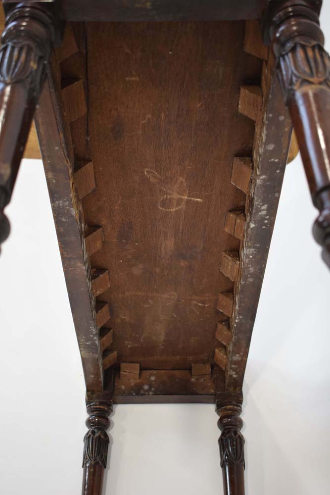 A late 19th century mahogany window seat with scrolled ends and turned legs with acanthus-leaf caps - Image 2 of 20