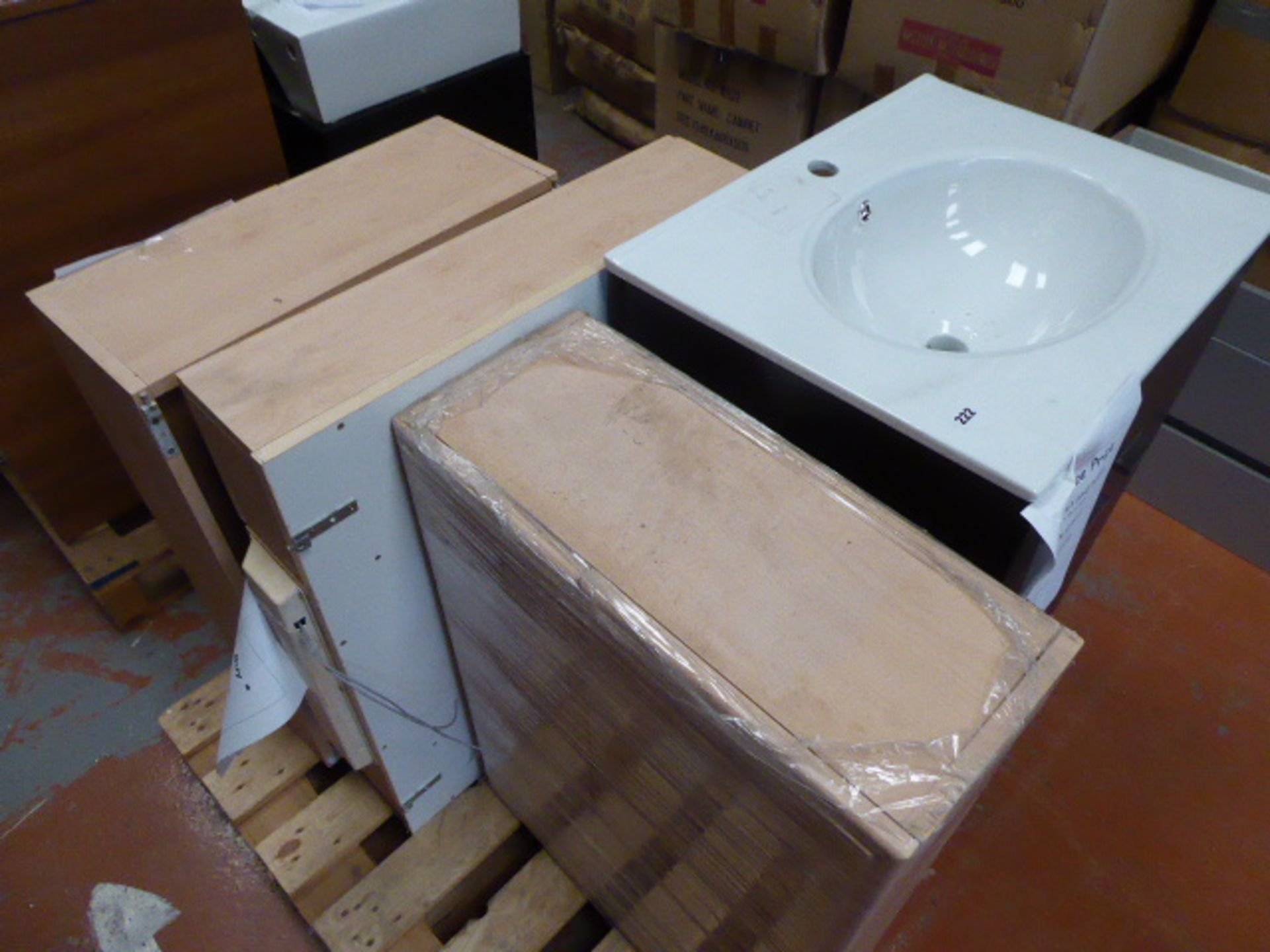 Pallet of cabinets inc. freestanding vanity unit with matching hand basin, small wall mount vanity